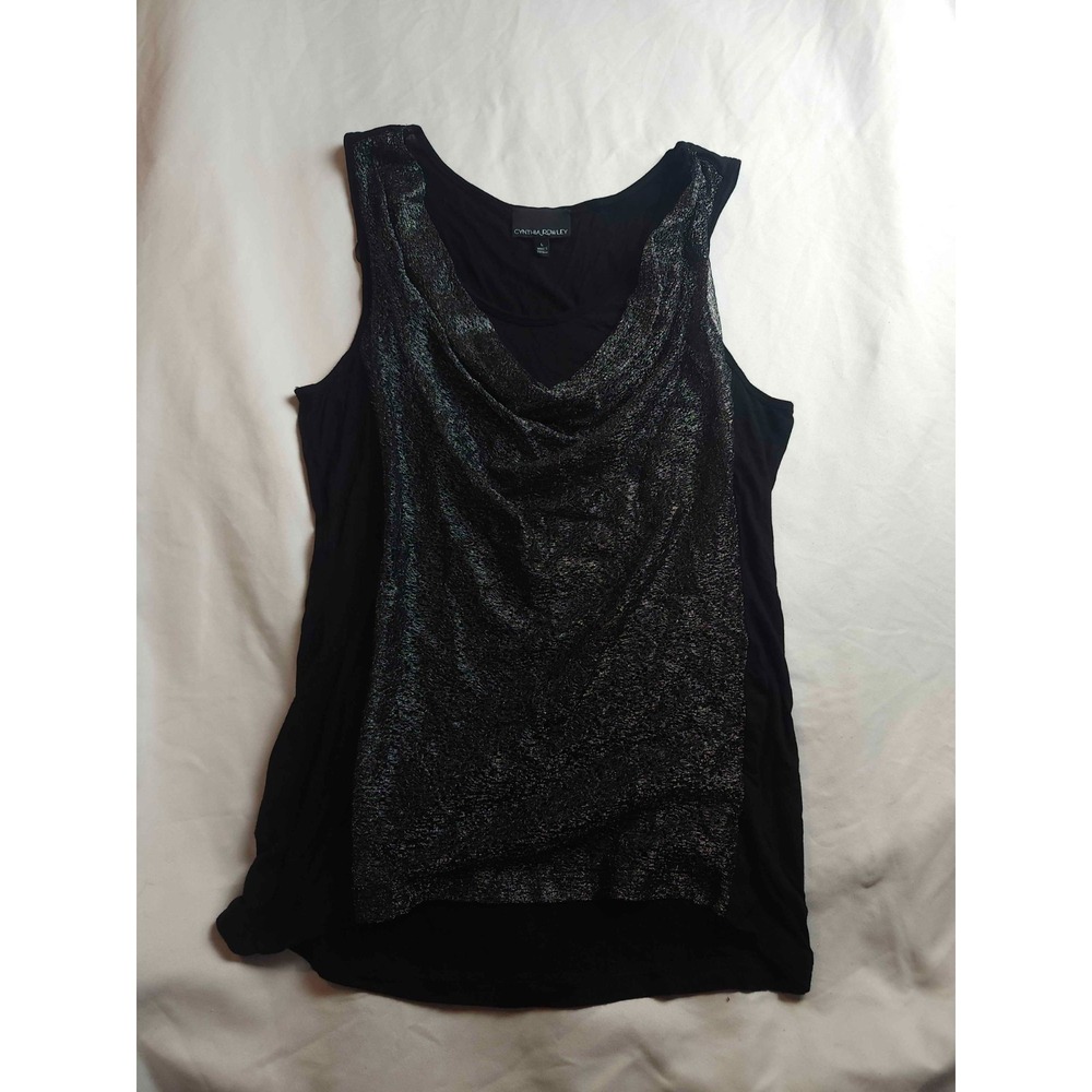 Cynthia Rowley Cowl Neck Tank Top Womens Large Black Metallic Shimmer Party